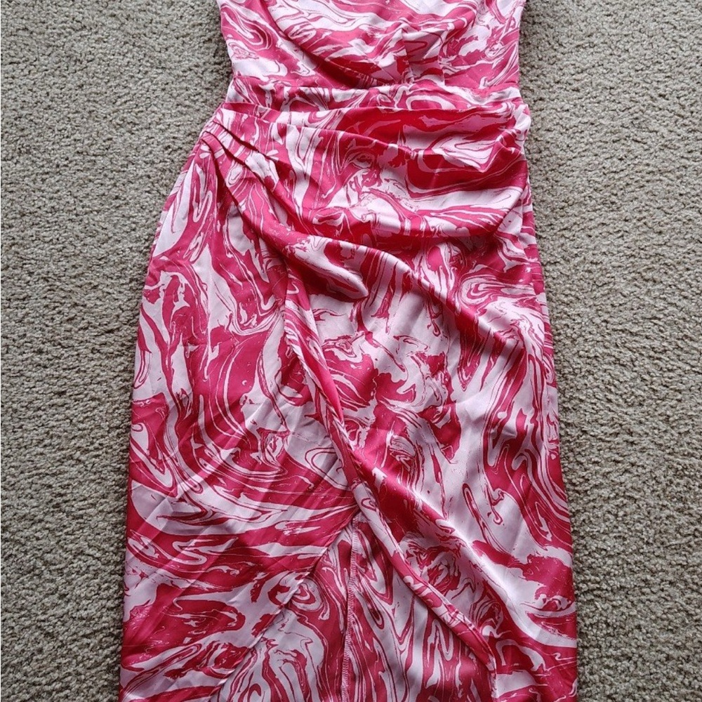 Anna Grace Pink and White Ruched One Shoulder Cocktail Dress